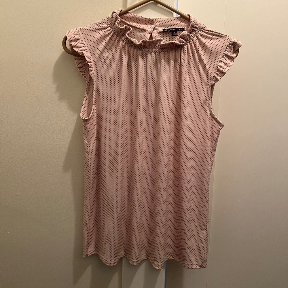 Adrianna Papell Polka Dot Blouse Medium Pink Black Ruffle Office Work